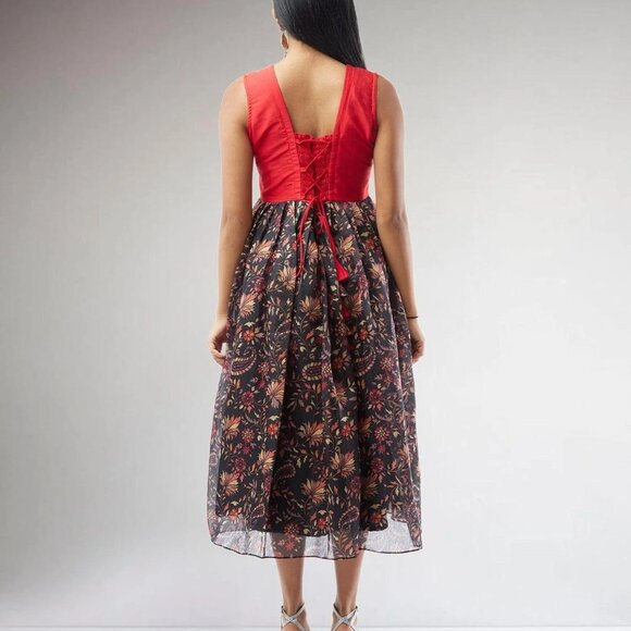 Black and Red Chanderi Printed Dress | Muvvas Boutique - Picture 4 of 4